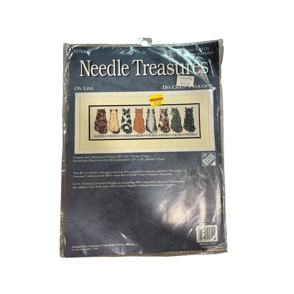 Needle Treasures "On Line" Cats In A Row #05704 Stamped Cross Stitch Kit *New